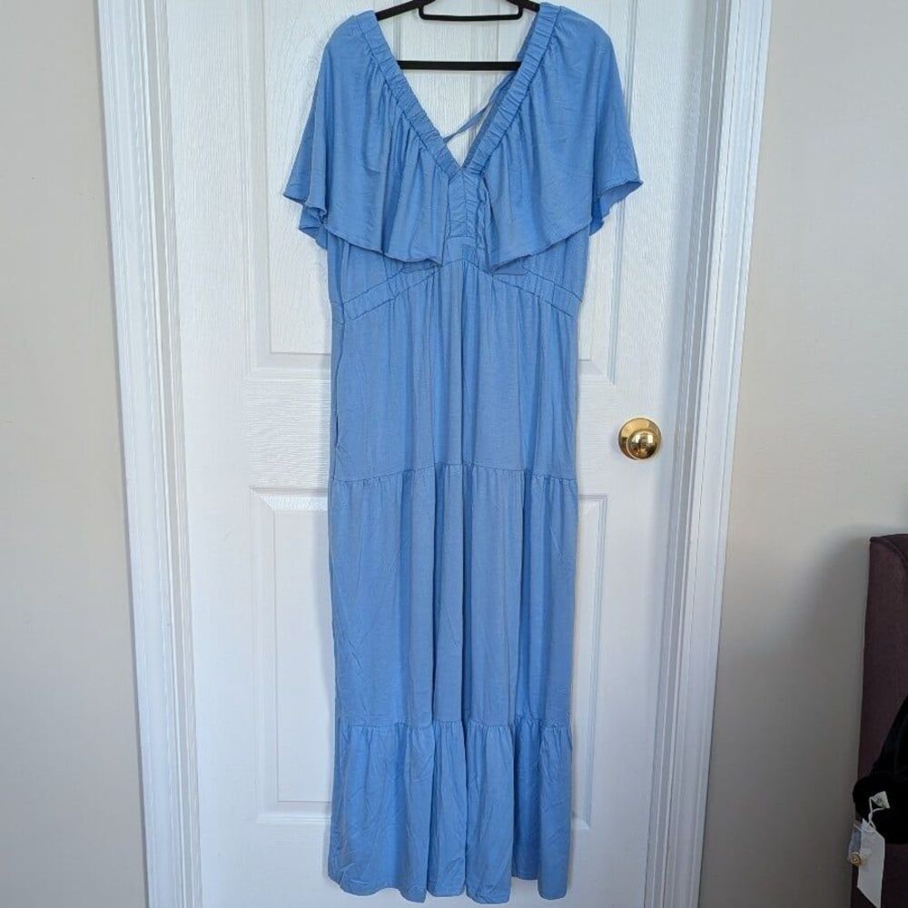 Blue Size XL Textured Flutter Sleeve Ruffle Tier Maxi Dress Bohemian Resort